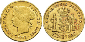 ISABELLA II. 4 pesos. 1865. Manila. AU 6.71 g. 21 mm. VI-690; AC-859. EF-/ EF. Traces of original luster. / ISABEL II. 4 pesos. 1865. Manila. AU 6,71 ...