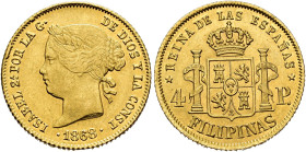 ISABELLA II. 4 pesos. 1868. Manila. AU 6.71 g. 21 mm. VI-693; AC-865. EF-/EF+. Traces of original luster. / ISABEL II. 4 pesos. 1868. Manila. AU 6,71 ...