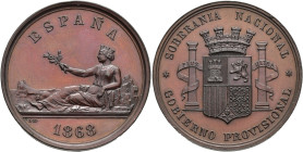 PROVISIONAL GOVERNMENT. Medal. 1868. Engraver: L. M. (Luis Marchioni). AE 24.11 g. 37 mm. Vives-824. Beautiful patina. / GOBIERNO PROVISIONAL. Medalla...