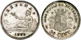 PROVISIONAL GOVERNMENT. 20 cents. 1869*6-9. Madrid. SNM. AR 1.15 g. 15.6 mm. VII-8; AC-11. Can be cleaned. Original luster. EF+. Very rare. / GOBIERNO...