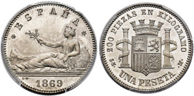 PROVISIONAL GOVERNMENT. 1 peseta. 1869* 18-69. Madrid. SNM. Legend ESPAÑA. AR. VII-13; AC-17. Encapsulated by PCGS PR-64. Proof. Very rare. / GOBIERNO...