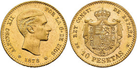 ALFONSO XII. 10 pesetas. 1878*18-78. Madrid. EMM. AU 3.2 g. 19.1 mm. VII-97; AC-65. Original luster. EF+. / ALFONSO XII. 10 pesetas. 1878*18-78. Madri...