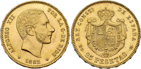 ALFONSO XII. 25 pesetas. 1882*18-82. Madrid. MSM. AU 8.07 g. 24 mm. VII-111; AC-85. Original luster. Unc. Scarce. / ALFONSO XII. 25 pesetas. 1882*18-8...
