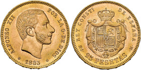 ALFONSO XII. 25 pesetas. 1883*18-83. Madrid. MSM. AU 8.06 g. 24 mm. VII-112; AC-87. Minor marks. Original luster. Unc. Scarce. / ALFONSO XII. 25 peset...