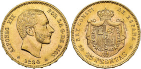 ALFONSO XII. 25 pesetas. 1884*18-84. Madrid. MSM. AU 8.08 g. 24 mm. VII-113; AC-89. Original luster. Unc. / ALFONSO XII. 25 pesetas. 1884*18-84. Madri...