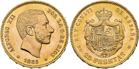 ALFONSO XII. 25 pesetas. 1885*18-85. Madrid. MSM. AU 8.05 g. 24 mm. VII-114; AC-90. Original luster. Unc. Very scarce. / ALFONSO XII. 25 pesetas. 1885...