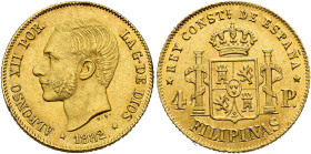 ALFONSO XII. 4 pesos. 1882. Manila. AU 6.76 g. 20.9 mm. VII-101; AC-127. Original luster. Unc. Rare. / ALFONSO XII. 4 pesos. 1882. Manila. AU 6,76 g. ...