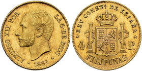 ALFONSO XII. 4 pesos. 1882. Manila. AU 6.75 g. 21 mm. VII-101; AC-127. Original luster. Unc. Rare. / ALFONSO XII. 4 pesos. 1882. Manila. AU 6,75 g. 21...
