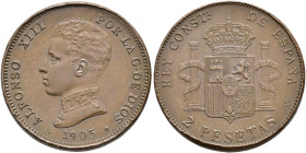 ALFONSO XIII Copper pattern of 2 pesetas from 1905*04. Madrid. V. CU 9.92 g. 26.9 mm. VII-no; AC-87. Bumped rim. EF+/ EF. / ALFONSO XIII. Prueba en co...