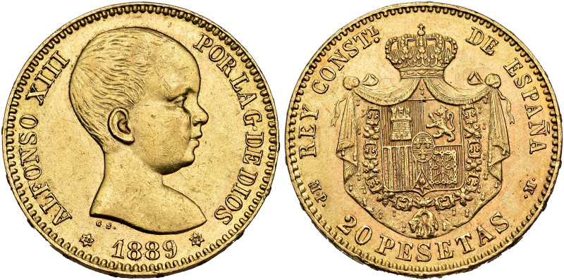 ALFONSO XIII 20 pesetas. 1889*18-89. Madrid. MPM. AU 6.43 g. 21 mm. VII-194; AC-...