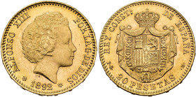 ALFONSO XIII 20 pesetas. 1892*18-92. Madrid. PGM. AU 6.46 g. 20.9 mm. VII-196; AC-115. Weakly struck on Bourbon escutcheon. Original luster. EF+. Rare...