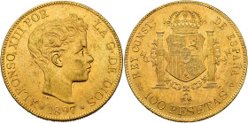ALFONSO XIII 100 pesetas. 1897*18-97. Madrid. SGV. AU 32.26 g. 34.8 mm. VII-199; AC-119. Original luster. EF+. / ALFONSO XIII. 100 pesetas. 1897*18-97...