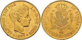 ALFONSO XIII 100 pesetas. 1897*18-97. Madrid. SGV. AU 32.18 g. 34.8 mm. VII-199; AC-119. Nick on reverse rim and small scratches. Traces of original l...