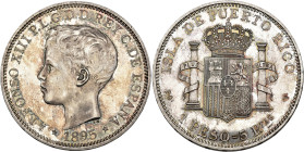 ALFONSO XIII Peso. 1895. Puerto Rico. PGV. AU 25.07 g. 37.03 mm. VII-193; AC-128. Slightly weakly struck on the shield’s castle. Irregular patina. Pro...