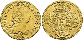 WORLD COINS. BRAZIL. Joseph I. 800 reis (1/2 escudo). 1758/7. Bahia. AU 1.71 g. 16.5 mm. Go-44.05; KM-180. 1. Traces of original luster. VF+/ EF-. Rar...