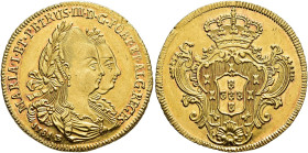 WORLD COINS. BRAZIL. Maria and Peter III. 3200 reis (1/2 peça). 1781. Bahia. AU 7.15 g. 26.1 mm. Go-26.02; KM-150. Minor striking flaws on rim. Traces...
