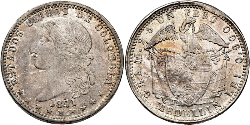 WORLD COINS. COLOMBIA. Peso. 1871. Medellín. AR 24.85 g. 37.1 mm. KM-154.2. Slig...