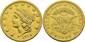 WORLD COINS. UNITED STATES OF AMERICA. 20 dollars. 1854. San Francisco, California. KELLOGG & COMPANY. AU 33.2 g. 34.5 mm. KM-33.1. Marks. VF+/ VF. Ra...