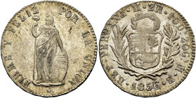 WORLD COINS. PERU. 2 reales. 1856. Lima. VF. AR. KM-141.3 var. (Liberty facing forward like KM-141.1). Encapsulated by NGC MS62. / MONEDA EXTRANJERA. ...
