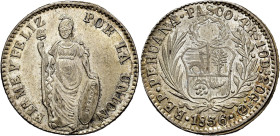 WORLD COINS. PERU. 4 reales. 1856. PASCO. 2 inside O. AR. KM-151.10. Encapsulated by NGC MS 64. The best known by NGC as of April 2024. Very rare in t...
