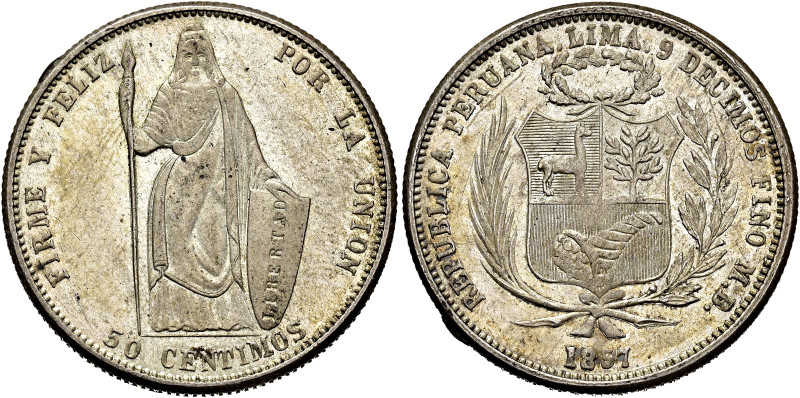 WORLD COINS. PERU. Pattern of 50 cents. 1857. Philadelphia. VF. AR. KM-no. Encap...