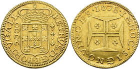 WORLD COINS. PORTUGAL. PETER, PRINCE REGENT. 2000 reis (1/2 moeda). 1678. Lisbon. AU 5.12 g. 23.8 mm. Go-66.01. VF. Very scarce. / MONEDA EXTRANJERA. ...