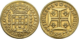 WORLD COINS. PORTUGAL. PETER II. 4000 reis. 1704. Lisbon. AU 10.61 g. 29.2 mm. Go-99.17. EF-. Scarce. / MONEDA EXTRANJERA. PORTUGAL. PEDRO II. 4000 re...