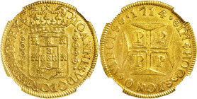WORLD COINS. PORTUGAL. John V. 4000 reis (moeda). 1714. Oporto. Rev. P P P P. AU. Go-100.3. KM-195. Encapsulated by NGC AU 58. Very scarce. / MONEDA E...