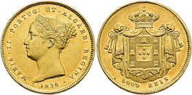 WORLD COINS. PORTUGAL. MARIA II. 5000 reis (gold crown). 1838. Lisbon. AU 9.53 g. 23.4 mm. Go-45.01; KM-476. 1. Original luster. EF/EF+. Scarce. / MON...