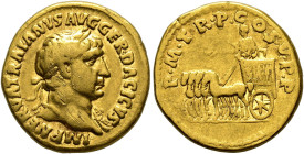 COLLECTION OF IMPERIAL AUREI. TRAJAN. Aureus. Rome (103-111). Laureate bust with aegis right; IMP NERVA TRAIANVS AVG GER DACICVS. Rev. Emperor in quad...