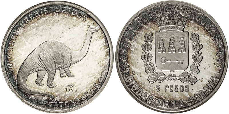 Cuba. 5 pesos, Piefort, 1993, Apatosaurus. 6,0 g. 30 mm. KM-P54. Encapsulated by...