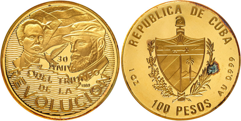 Cuba. 100 pesos, 1989, 30th Anniversary of Revolution. AU 31,10 g. 38 mm. KM-448...