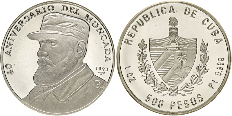 Cuba. 500 pesos, 1993, 40th Anniversary of Moncada. PT 31,10 g. 38 mm. KM-no. En...