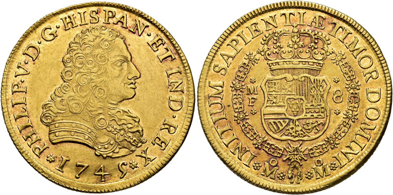 Philip V. 8 escudos, 1745, Mexico, MF. AU 27,04 g. 36,8 mm. AC-2250, Onza-443. L...