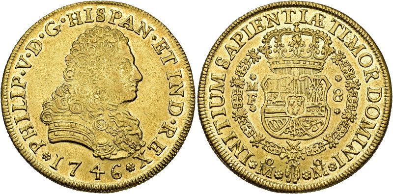 Philip V. 8 escudos, 1746, Mexico, MF. AU 27,05 g. 37,3 mm. AC-2252, Onza-445. M...