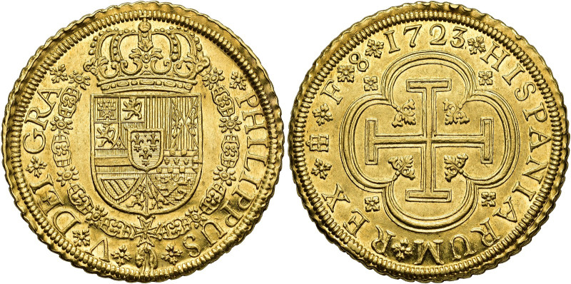 Philip V. 8 escudos, 1723/11, Segovia, F. AU 27,0 g. 37,2 mm. AC-2263, Onza-458....