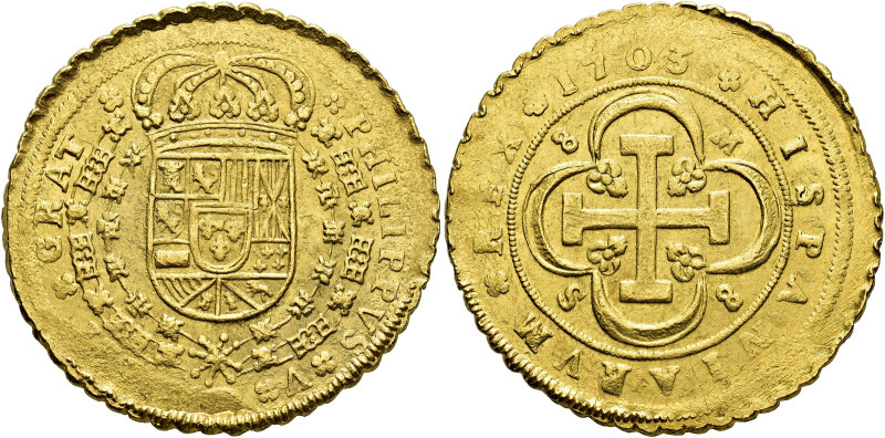 Philip V. 8 escudos, 1703, Seville, M, "cross" type, 8-M /S-8. AU 27,05 g. 37,8 ...