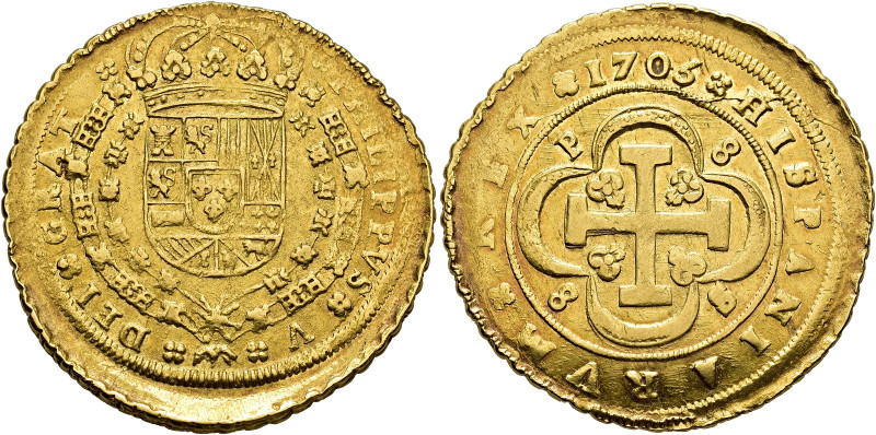 Philip V. 8 escudos, 1705, Seville, P, "Cross" type, P-8 / 8-S. AU 26,95 g. 35,6...