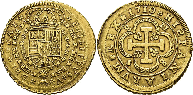 Philip V. 8 escudos, 1710, Seville, M, "Cross" type, 8-M / S-8, HISPANIARVM (S r...