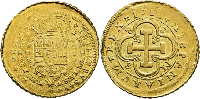 Philip V. 8 escudos, 1711/0, Seville, M, "Cross" type, S (retrograde)-8 / 8-M, H...