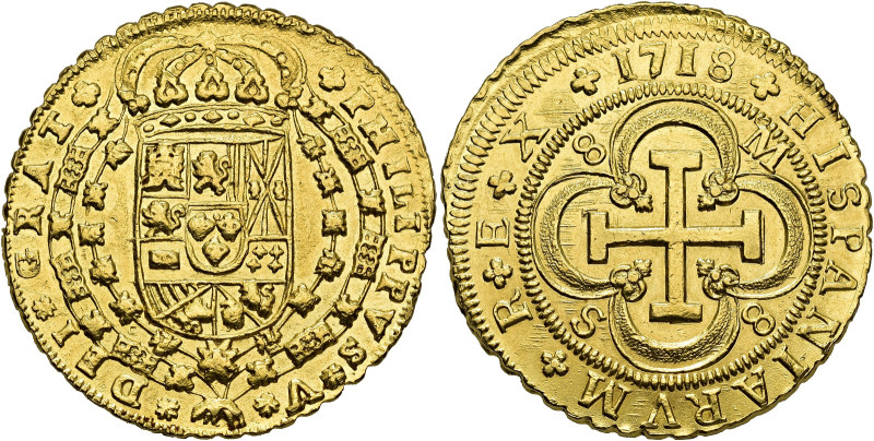 Philip V. 8 escudos, 1718, Seville, M, "Cross" type, 8-M /S-8. AU 27,03 g. 36,5 ...