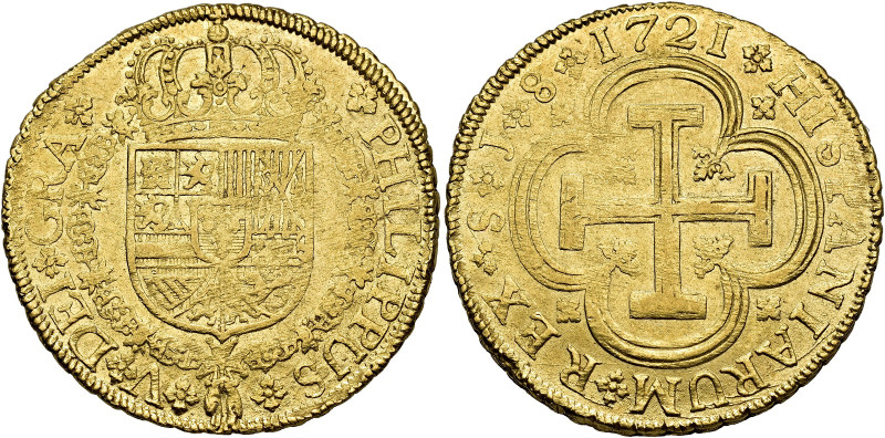 Philip V. 8 escudos, 1721, Seville, J, "Cross" type. AU 27,02 g. 35,0 mm. AC-229...