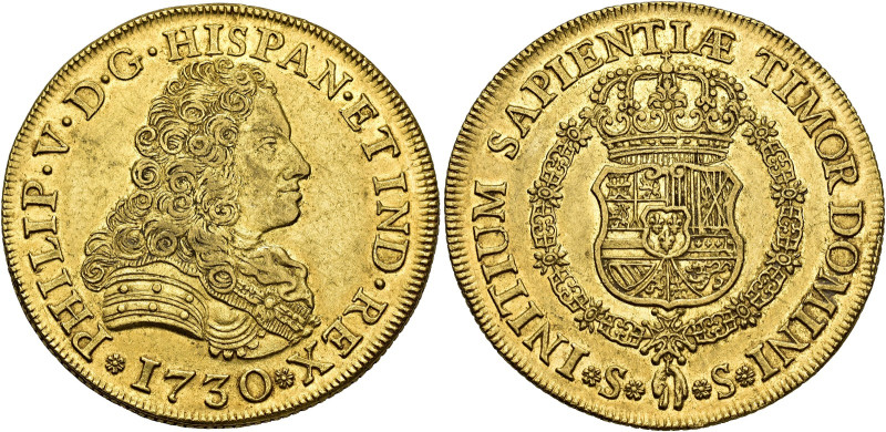 Philip V. 8 escudos, 1730, Seville, Without mintmark and assayer indication. AU ...