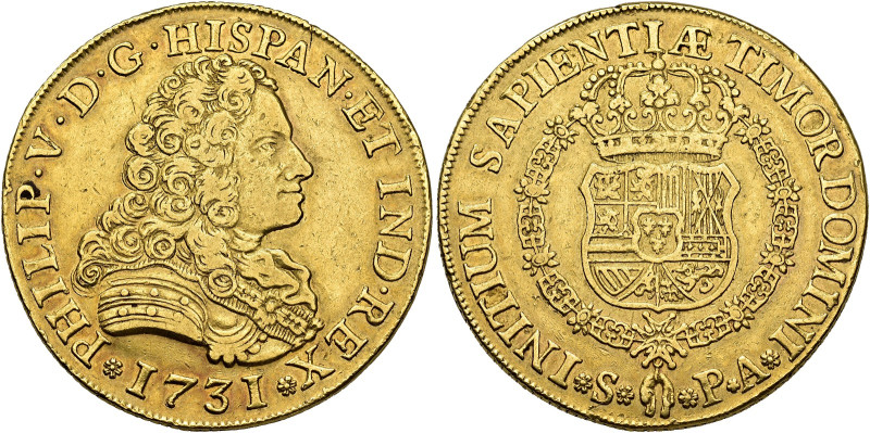 Philip V. 8 escudos, 1731, Seville, PA, Without mintmark indication. AU 27,01 g....