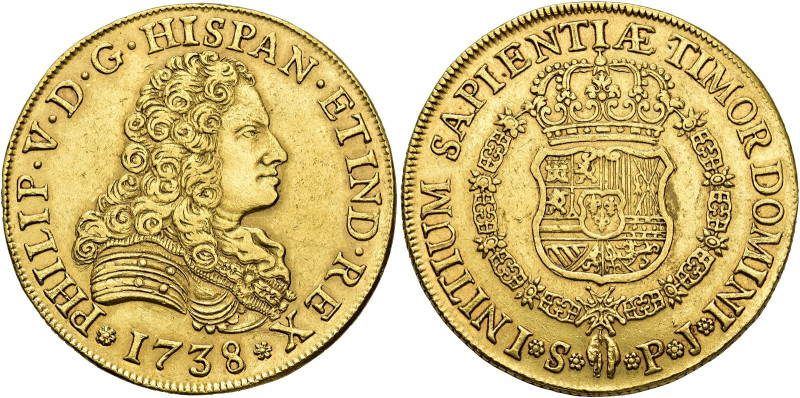 Philip V. 8 escudos, 1738, Seville, PJ, Without value indication. 27,1 g. 35,3 m...