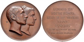 Alfonso XII. Medalla. 1878. (Rah-685). (Vq-14400). Ae. 240,00 g. Boda Real de Alfonso XII con María de las Mercedes. Casados el 23 de enero en la Basí...
