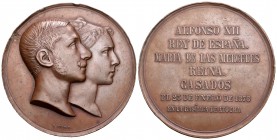 España. Alfonso XII (1874-1885). Medalla. 1879. Madrid. RAH. (757). Ae. 244,47 g. 71 mm. Boda de Alfonso XII con María de las Mercedes. Grabador G. Se...