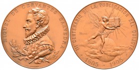 Medalla. 1905. (Rah-749). Ae. 99,98 g. III Centenario Publicación del Quijote. Grabador B. Maura. Diametro 60 mm. Con estuche original. SC-. Est...40,...