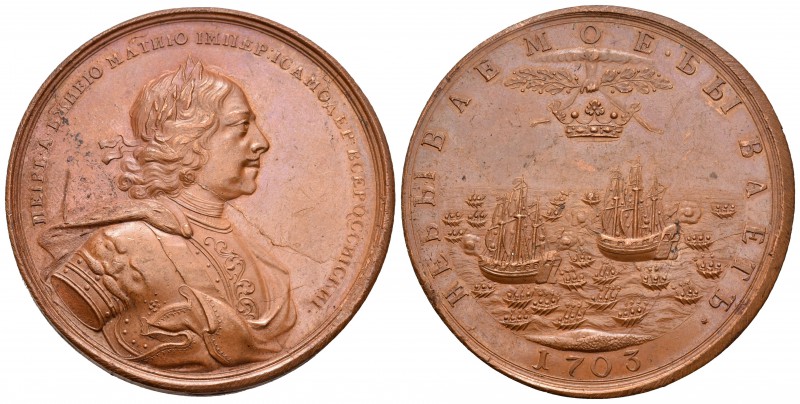 Rusia. Pedro I. Medalla. 1703. (Diakov-17.6). Anv.: Busto laureado de Pedro I a ...