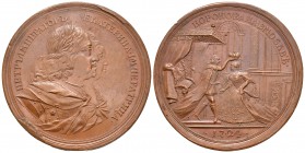 Rusia. Pedro I. Medalla. 1724. (Diakov-60.2). Anv.: Bustos de Pedro I y Catalina II a derecha. Rev.: Pedro I coronando a Catalina II. Ae. 72,38 g. A l...